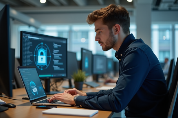 Jeune homme en informatique travaillant sur un ordinateur sécurisé