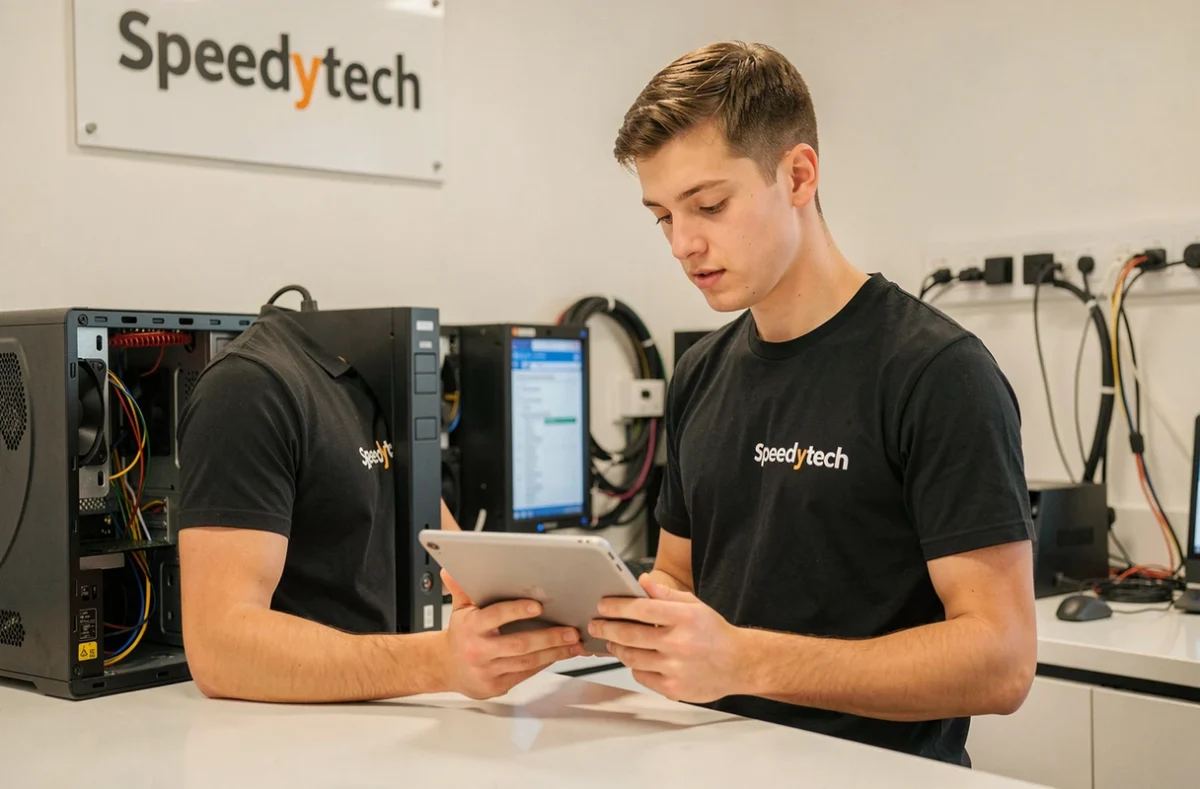 Technicien Speedytech diagnostiquant rapidement un ordinateur de bureau