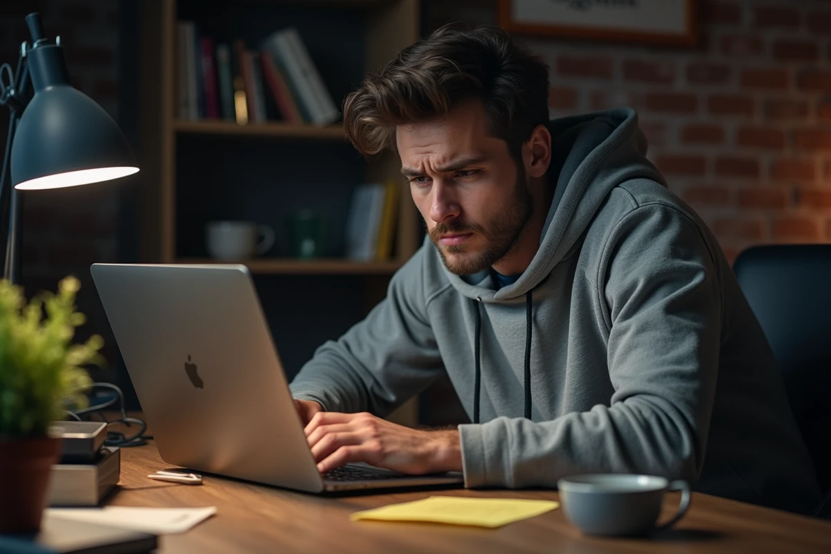 Jeune homme perplexe regardant son ordinateur portable après avoir supprimé un message sur un forum JVC