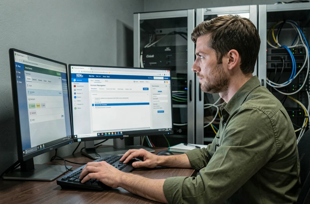 Technicien informatique résolvant un problème de synchronisation de mot de passe sur un poste de travail multi-écrans