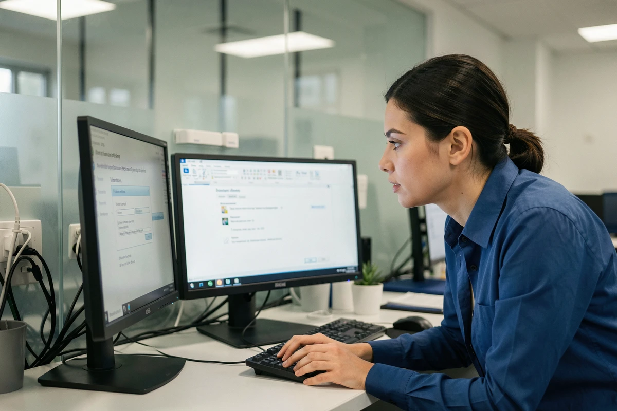Technicienne suivant un tutoriel d'installation Windows 7 Professional sur double écran