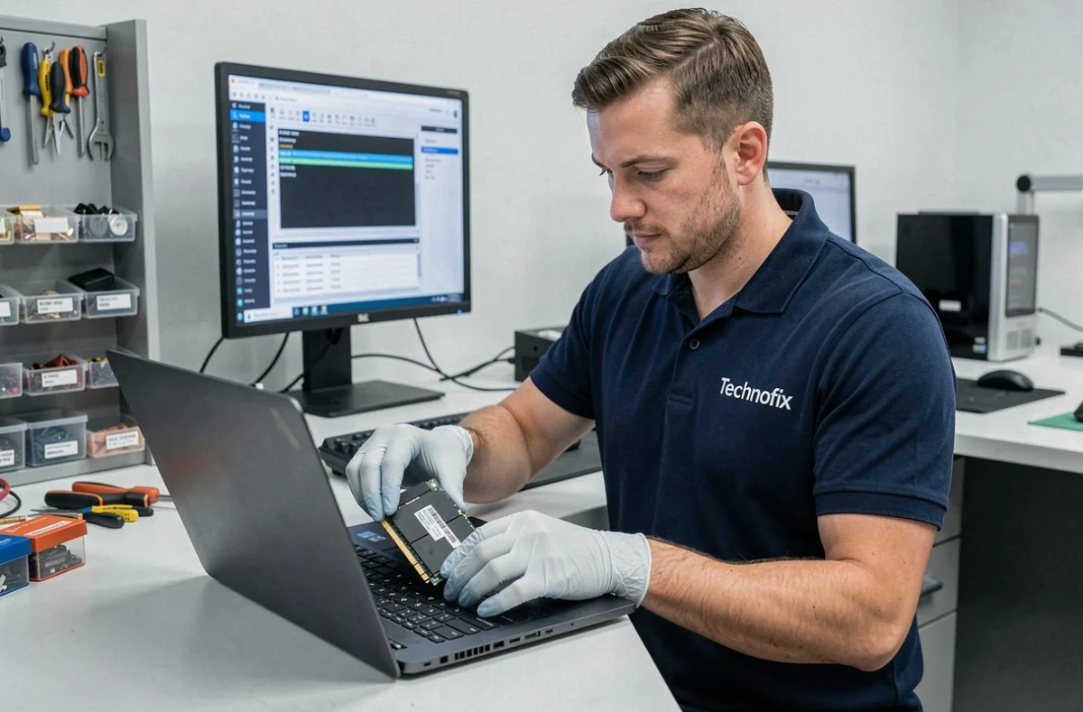 Technicien Technofix installant un SSD dans un ordinateur portable ouvert