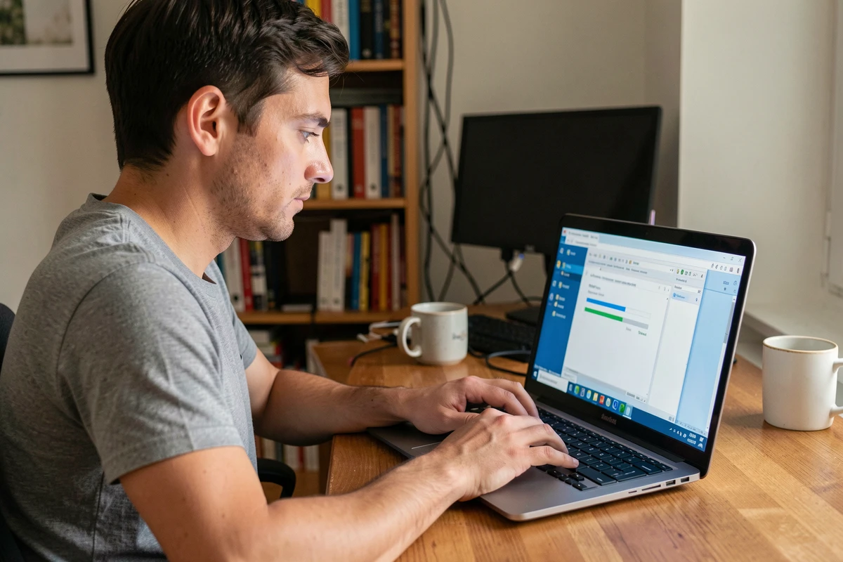 Homme téléchargeant Windows 7 Professional sur un ordinateur portable dans un bureau à domicile