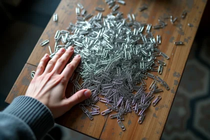 Bureau industriel recouvert de milliers de trombones argentés formant des motifs géométriques envahissants, illustrant le concept du jeu Paperclip Universal et ses implications systémiques