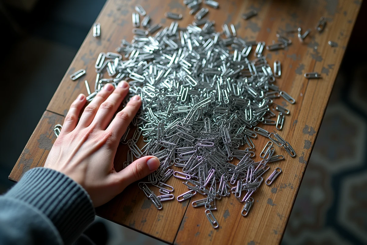 Bureau industriel recouvert de milliers de trombones argentés formant des motifs géométriques envahissants, illustrant le concept du jeu Paperclip Universal et ses implications systémiques