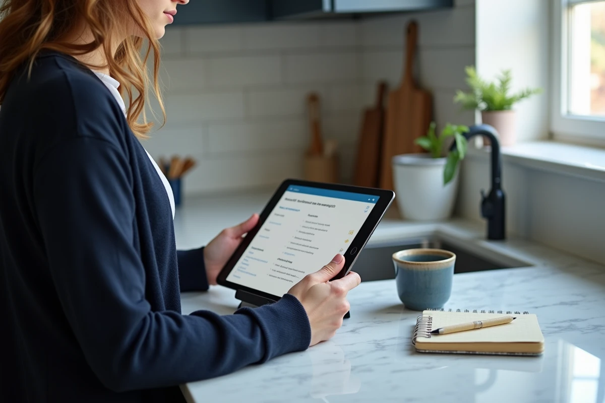 Jeune femme consultant les étapes de connexion à Aide mel sur une tablette dans sa cuisine