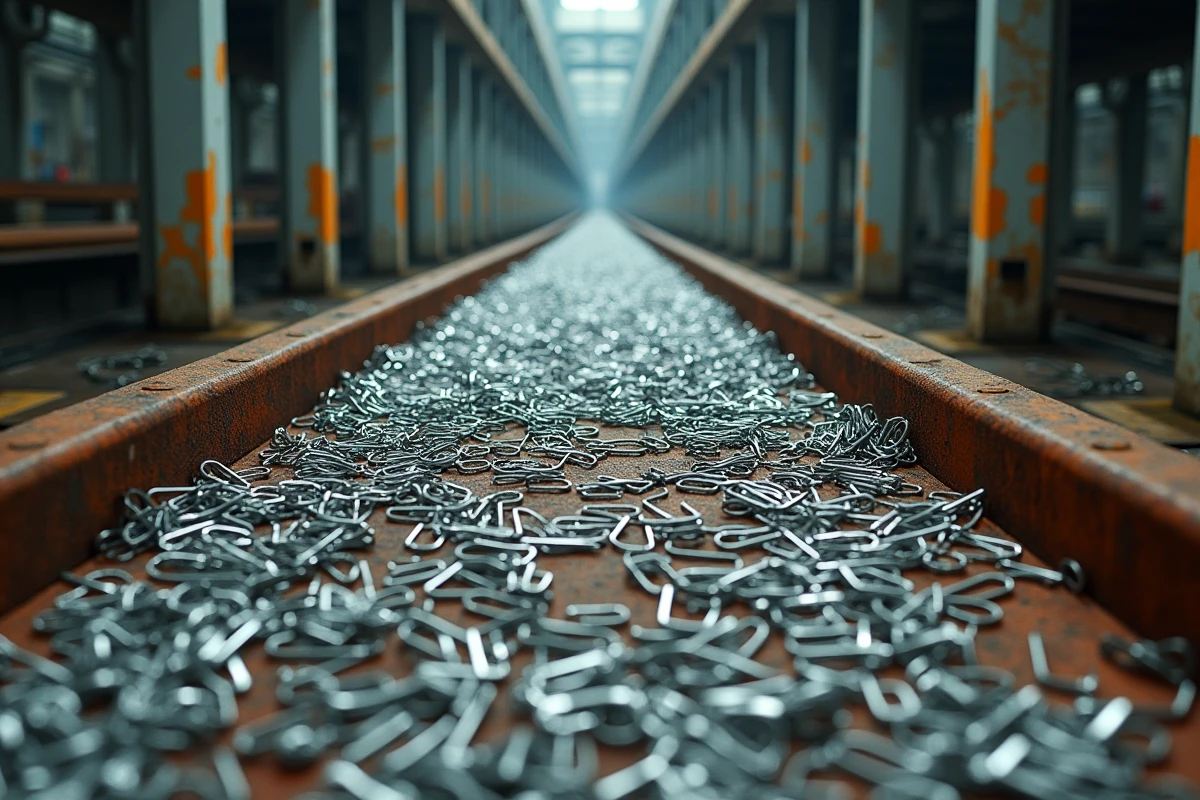 Usine abandonnée dont le sol est entièrement recouvert de trombones métalliques à perte de vue, métaphore visuelle de la production automatisée incontrôlable et des enjeux de l'intelligence artificielle dans Paperclip Universal
