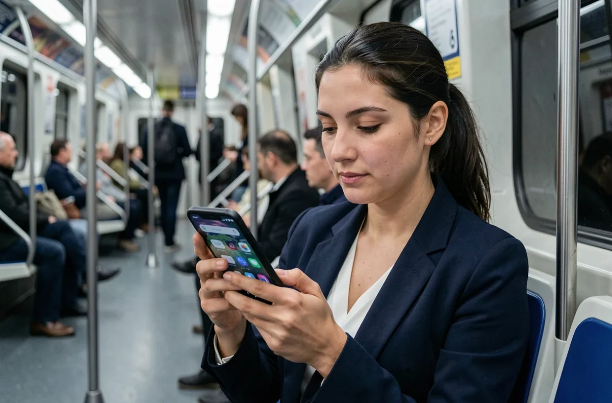 Femme utilisant un smartphone compact d'une seule main dans les transports en commun