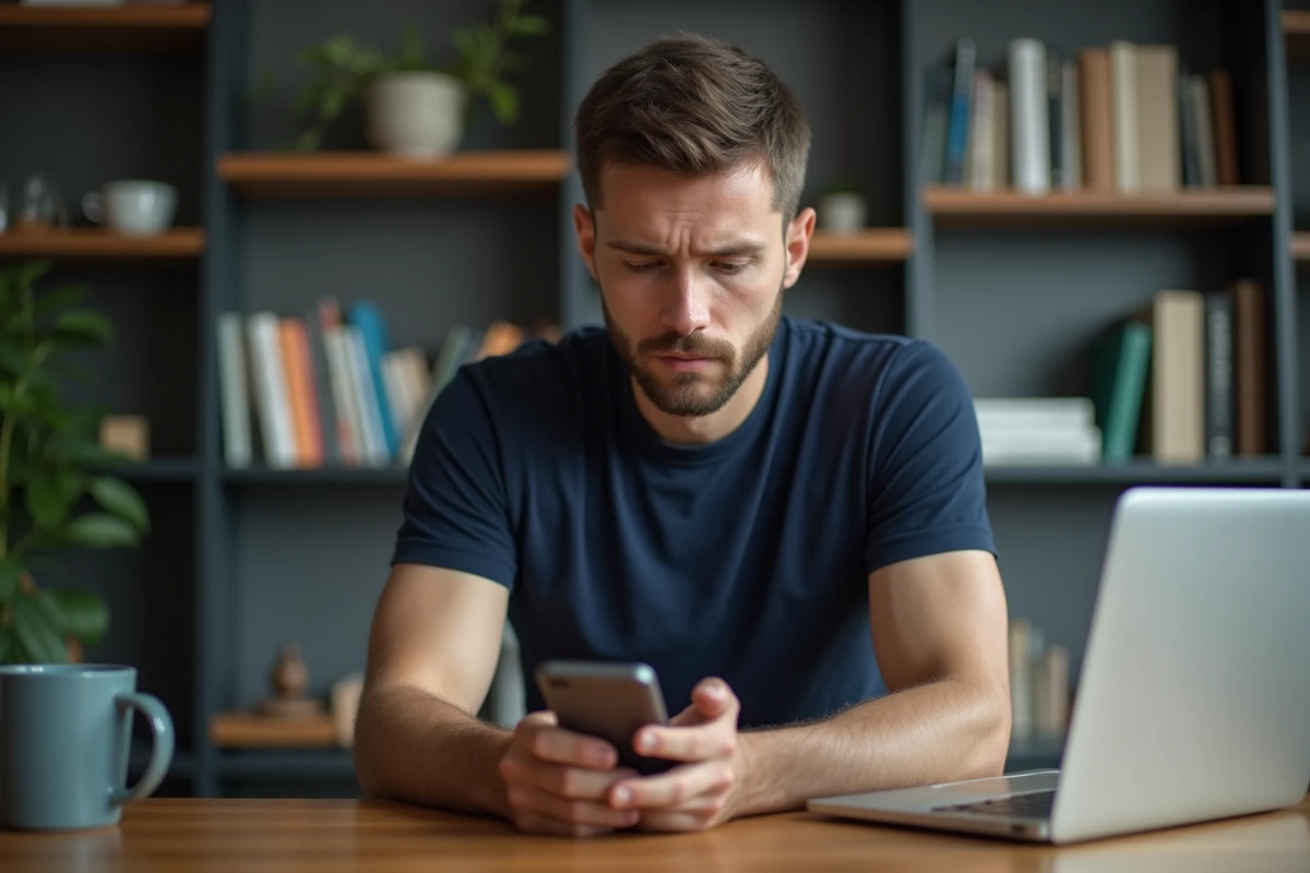 Homme consultant anonymement des stories Instagram sur smartphone depuis un bureau à domicile